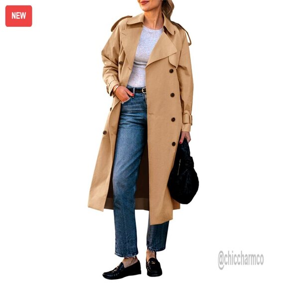 Jackets & Blazers - Long Trench Coat Double Breasted Classic Lapel Overcoat with Belt